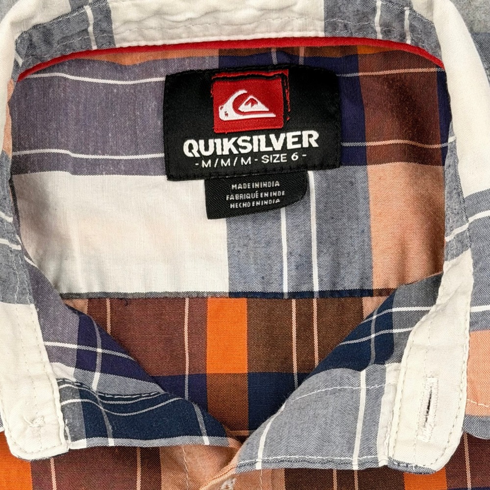 Quiksilver Boys Size 6 Plaid Button Down Shirt Short Sleeve Orange Navy Blue Whi